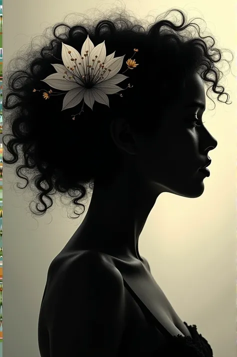 Silhouette of a woman with curly hair, decorated with a flower