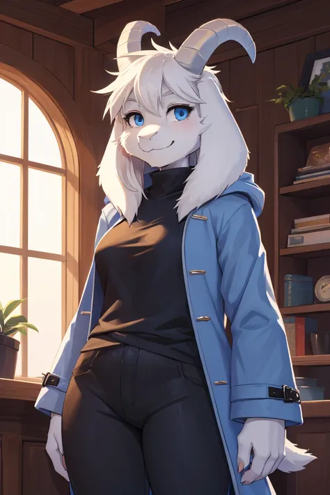 woman, young adult, alone, in a house, hairy, goat, anthropomorphic goat, Asriel, Undertale ((Asriel Dreemurr)), average breasts, big ass, average hips, perfect body, tall, ((long hair, long white hair )), blue eyes, anthropomorphic face, cartoon, smile, E...