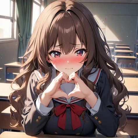 1 girl, red and black school uniform, by the wide, wavy hair, brown hair, blushing,  embarrassed, hands forming a heart, in a classroom, High Quality 