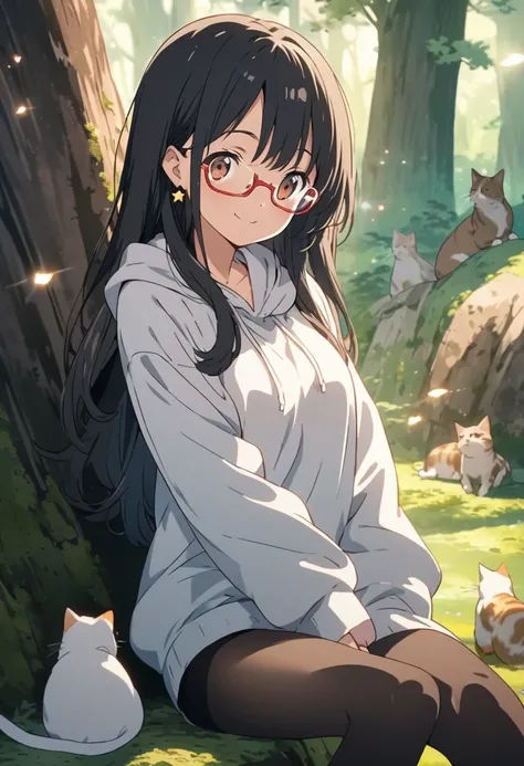 1girl, , brown eyes are shining and cute, black hair, long hair, extremely detailed neat hair,Straight hair, tareme, ((red-rimless eyewear:1.2)), star earrings, medium breasts, smile, blushful,

BREAK
sitting, oversize white hoodie, mini skirt, black tight...