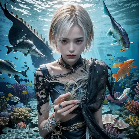 An undersea person with scales and a webbed dorsal fin、Silver Hair、Short Hair、Hair fluttering、Thin scales on the body、A boy with androgynous beauty、Overwhelming good looks、Fantasy、Undersea City、Depicting from thighs to head、
Fish ear！⁇(((The dorsal fin ext...