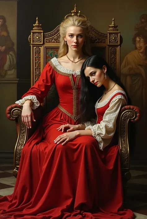 create a renaissance style painting, with a blonde queen dressed in a long, tight red dress sitting in an armchair, staring at the woman who is kneeling, resting her head on your lap, She is brunette, long haired, black people, and is looking at the camera...