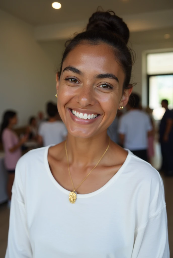 In this photo I am wearing a white round neck shirt and a gold necklace with a pendant. My eyebrows are well shaped and my lips are slightly curved in a natural and joyful expression. My nose is not so pointed. In my background, there  people but they are ...