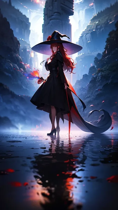 mujer pelirroja con Hair long，Fluid coat， Silhouette， rear view，sky espacial, sky estrellado，rainbow，field of flowers，colorful water,girl , elf, hair rose, withe dress,1chica, witch, long_Hair, sky, Alone, dress, (sky),cloud,negro_Hats,long_sleeves,negro_d...