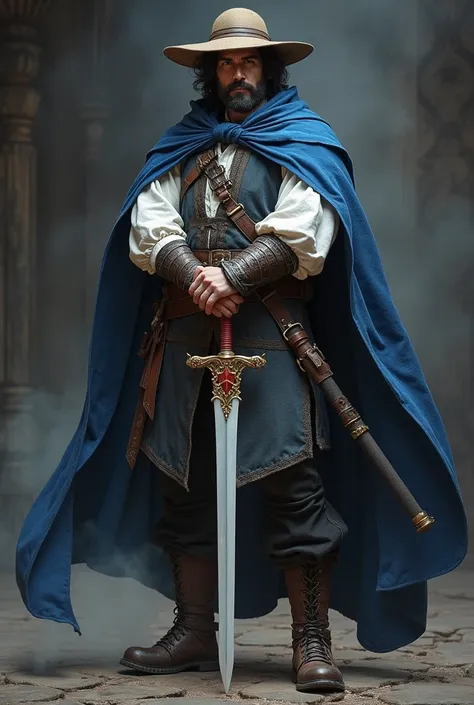 A dark brown haired swordsman, with a blue and white swordsman cape. With a brown hat, a pair of black pants. A white sword scabbard with gold, the hilt of his sword is white with gold and red. 
