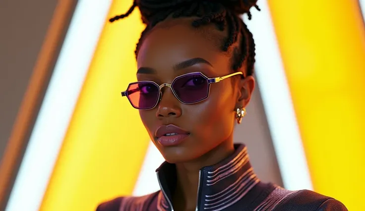 A cool black American (light skin) Lady with short black braids and high bun (gold medium size rubber band) wearing female rotating bird pentagonal glasses (clear lenses, dark purple temples & regions) which features a feminine wick type sleeveless zipper ...