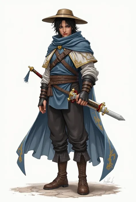 A dark brown haired swordsman, with a blue and white swordsman cape. With a brown hat, a pair of black pants. A white sword scabbard with gold, the hilt of his sword is white with gold and red. All this in drawing form
