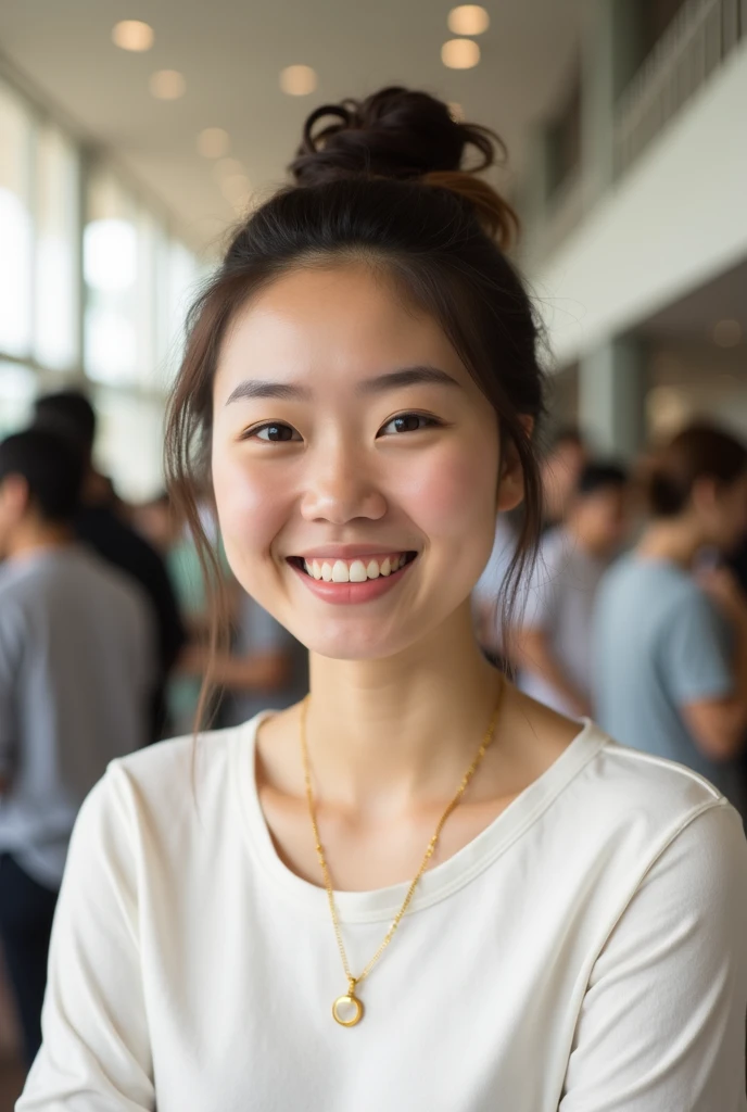 In this photo I am wearing a white round neck shirt and a gold necklace with a pendant. My eyebrows are well shaped and my lips are slightly curved in a natural and joyful expression. My nose is not so pointed. In my background, there  people but they are ...