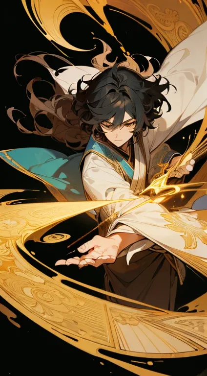 2 male, Tarot anime style, cartoon image of a man, Prince Shotoku, a Japanese aristocrat from the Asuka period, dressed in traditional attire, crowned, formal attire, curly hair, calm expression, holding a scepter in both hands, background is a talisman, s...