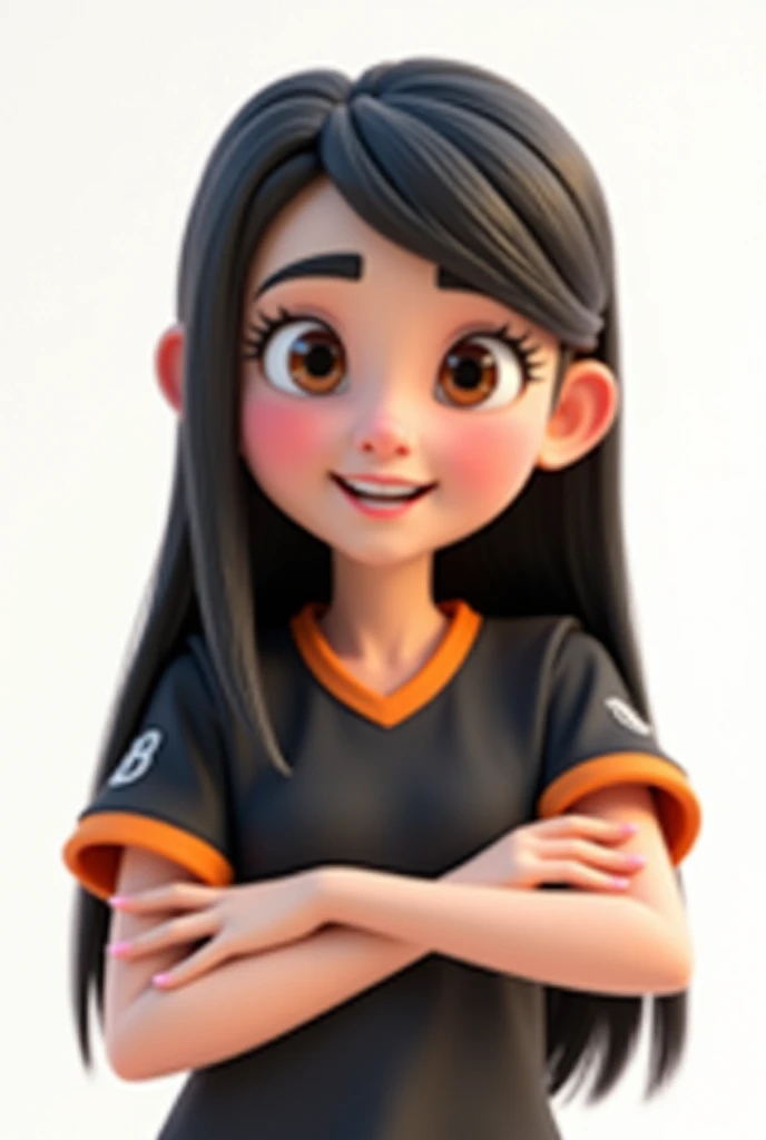 Create a stylized female character with a 3D animation look, with long, straight black hair. She should have a friendly expression, with large, expressive brown eyes. The skin should be smooth and white, with a birthmark on the cheek next to the nose. She ...