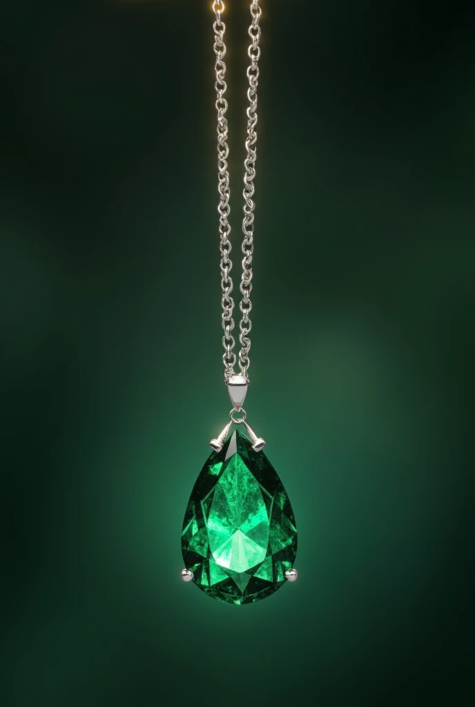 a necklace. The chain is a delicate, slender strand of silver, and from it hangs a teardrop-shaped emerald gem, its deep green color catching the light brilliantly.*