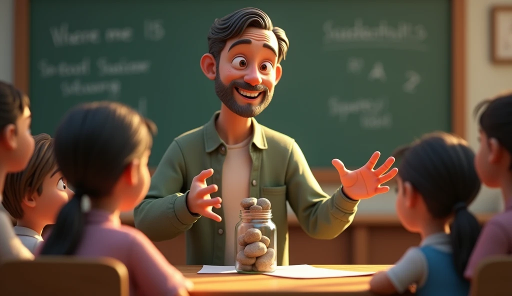 In cinematic 3d style - The Teachers Explanation
The teacher, smiling gently, begins explaining the lesson. He points to the jar, illustrating that the large rocks represent the most important things in life.


