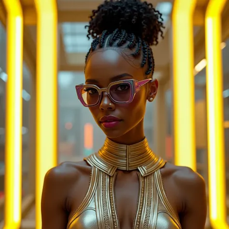 A cool black American (light skin) Lady with short black braids and high bun (gold medium size rubber band) wearing female rotating bird pentagonal glasses (clear lenses, dark purple temples & regions) which features a feminine wick type sleeveless zipper ...