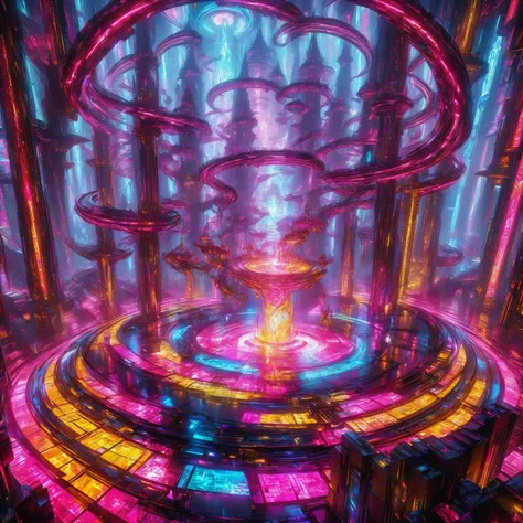 Massive, floating temple suspended high above the dystopian city, its architecture a blend of futuristic technology and ancient mystical design. Structure is built from sleek, dark metal with glowing neon lines running through it, forming intricate geometr...