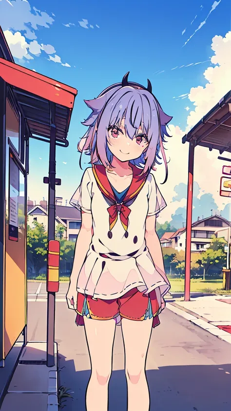 masterpiece, Best Quality, High resolution, Very detailed,(((Mikoto Naruhana))), (((Standing at a distance))), (((Streetscape))), (((bus stop))), (((nature))), (((T-Shirts))), (((Shorts))), (((Plants))), (((blue sky))), (((smile))), (((Multicolored Hair)))...