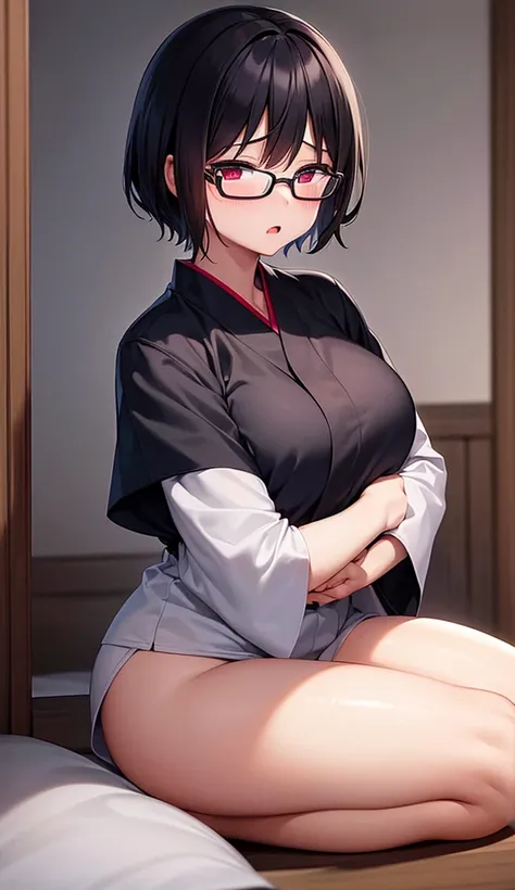 Busty chubby mature woman wearing glasses、Mother、Plain short black hair、A yukata that has been loosened and exposed at the chest and thighs、Japanese-style room at night、When asked an embarrassing request, her eyes widen in surprise and her face turns red.、...