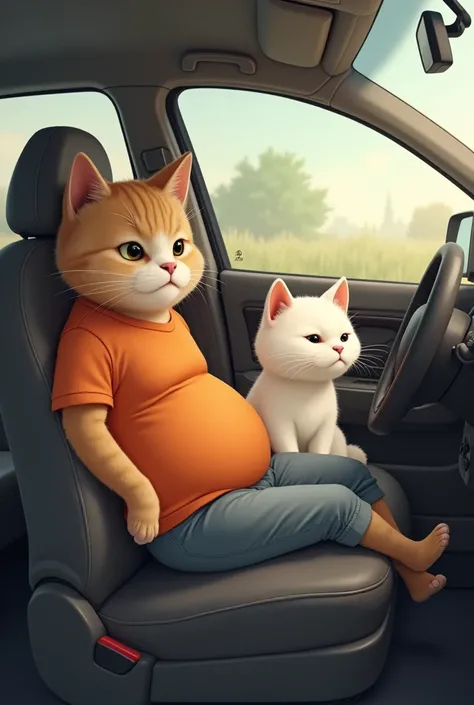 draw a male brown cat who is wearing a orange shirt and grey pent and driving a car. draw a female white cat who is pregnant and sitting on passenger seat in the car. show that the female cat is sad.