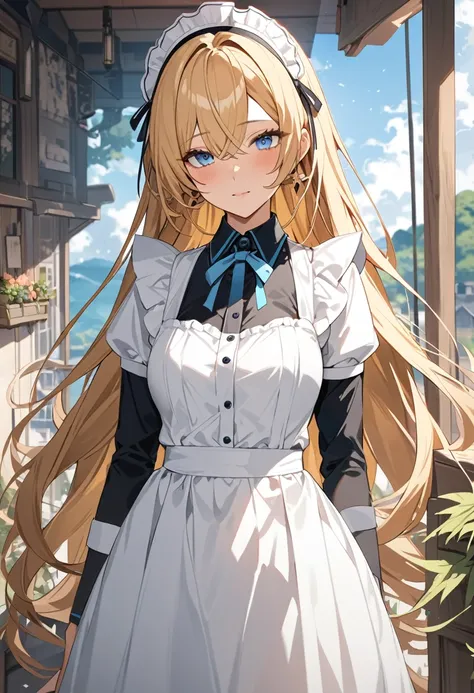 ((masterpiece)), ((Best Quality)), ((High resolution)), ((Detailed Background)), ((Highly detailed anime 8k wallpaper)), Alone, Shiona, Blonde, Long Hair, blue eyes, Hair bundle, Cowboy Shot, Outdoor, ((Maid uniform))