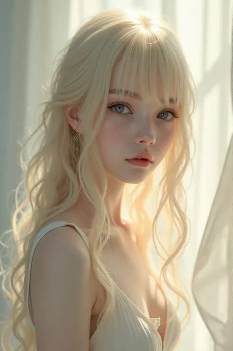 Your hair color is a light blonde that reaches your waist, the ends of your hair are a bit wavy and it has a curtain bangs that reaches up to your eyebrows . Your eyes are a light gray color, A color so light and deep at the same time that people get lost ...