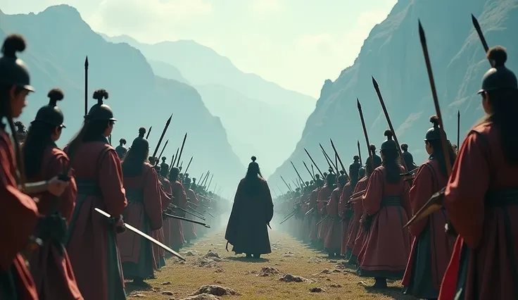 Secret fighters. Wearing ancient Chinese costume. Each fighter holds a weapon such as swords and bows. They stand in a row. Facing a whole army of the emperors army. The place is between the mountains. Movie shot