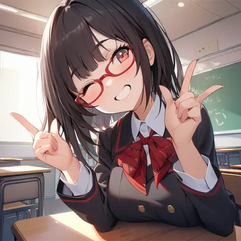 1 girl, red and black school uniform, fringe, glasses, by the wide, by black, in a classroom, cheerful, winking, raising two fingers, High Quality 