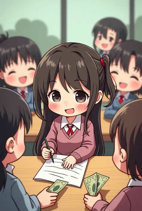 a caricature of a chibi girl (make her short  but make her head bigger than her body) sitting and scriblling on her paper while the other hand is holding money while being surrounded by classmates who are waiting for their turn holding money to give her