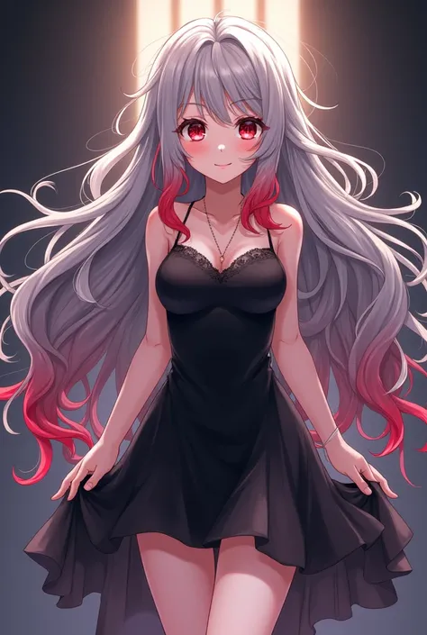 Beautiful and sexy anime girl with long wavy gray hair and red tips, short black dress.