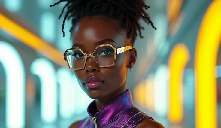 A cool black American (light skin) Lady with short black braids and high bun (gold medium size rubber band) wearing female rotating bird pentagonal glasses (clear lenses, dark purple temples & regions) which features a feminine wick type sleeveless zipper ...