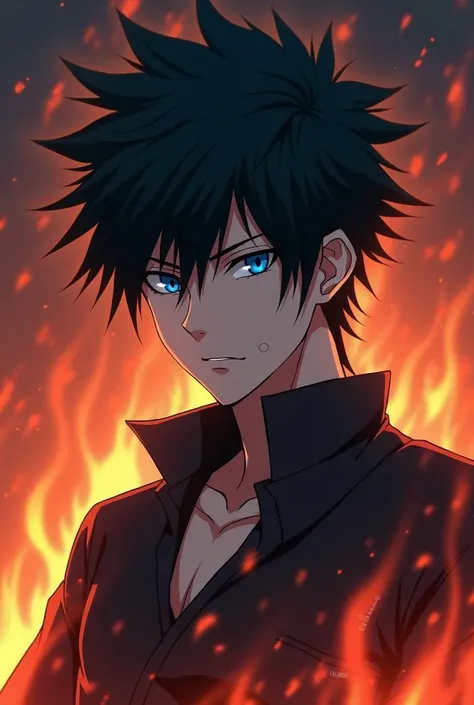 create a dark male anime character with white skin tone, with black hair and blue eyes, with a background full of fire

