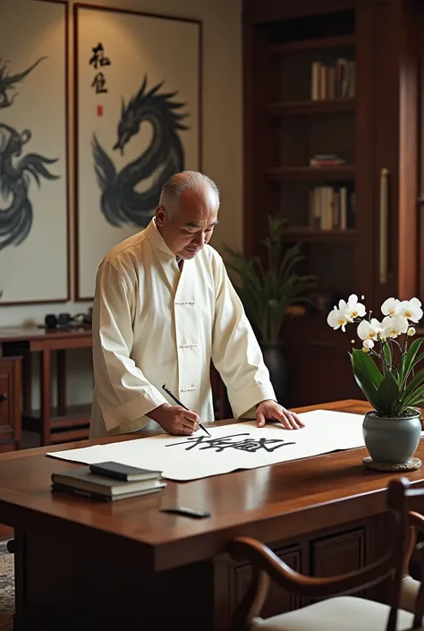 ((masterpiece))((The layout of the study room:There are large ink paintings on the wall.There is a pot of orchids on the coffee table))((detailed photos))A middle-aged man wearing a loose Tang suit.Standing in front of a large desk in an elegantly furnishe...