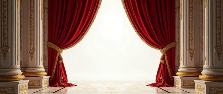 A two premium dark red velvet curtains with gold spackle on fantasy particals with two ancient white pillar with gold line Indian design in sides in empty white centre with and gold spackle white blury gold particals fantasy background image fantasy partic...