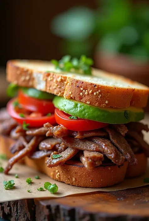 Sandwich with smoked wild boar shredded meat, tomato and avocado 
