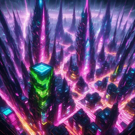 Futuristic, dystopian world bathed in vibrant glowwave colors—neon pinks, electric blues, vivid greens. Towering, fractured skyscrapers float in mid-air, connected by glowing, holographic bridges. Ground covered in twisting, glowing runes that pulse with a...