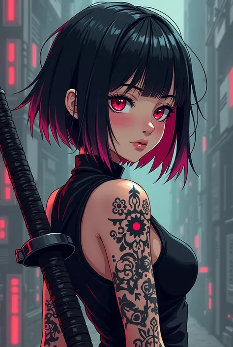 create a pixel art woman body of a sex model with short black and pink hair and red eyes, in a tattoo on the arm, Katanas strapped to the back, a teenage killer crying very sadly with futuristic technological clothing, she is very sad crying very sad looki...