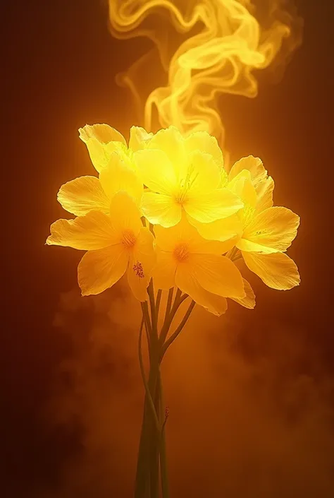 Yellow crystal flowers in a bouquet with yellow bright smoke and a burgundy background 