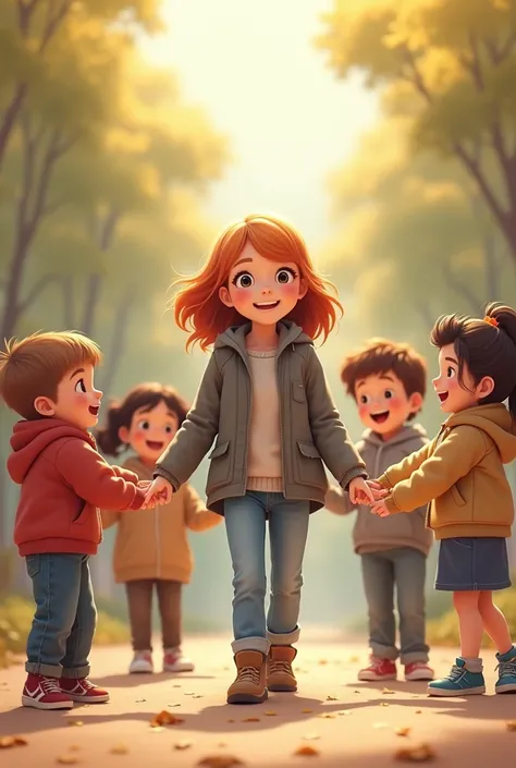 1 girl, with a grey coat, light blue jeans, light copper hair, half chubby, white skin and tall, holding hands with 3 boys and 4 girls playing