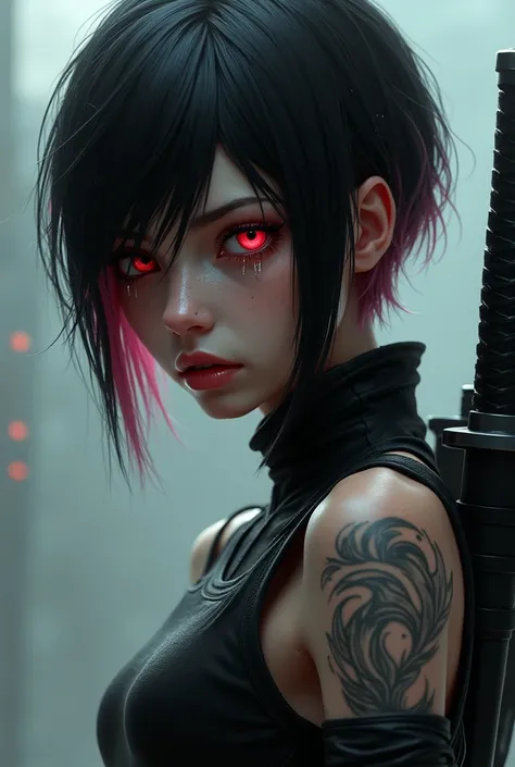 create a woman body of a sex model with short black and pink hair and red eyes, in a tattoo on the arm, Katanas strapped to the back, a teenage killer crying very sadly with futuristic technological clothing, she is very sad crying very sad looking at the ...