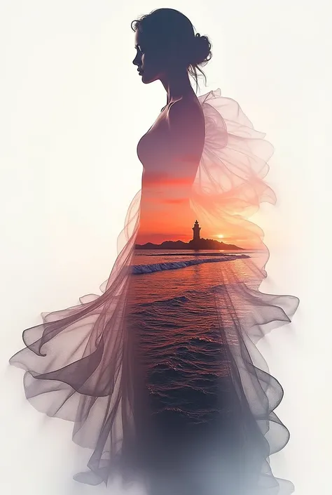 high quality, 8K Ultra HD, A beautiful double exposure that combines an goddess silhouette with sunset coast, sunset coast should serve as the underlying backdrop, with its details incorporated into the goddess , crisp lines, The background is monochrome, ...