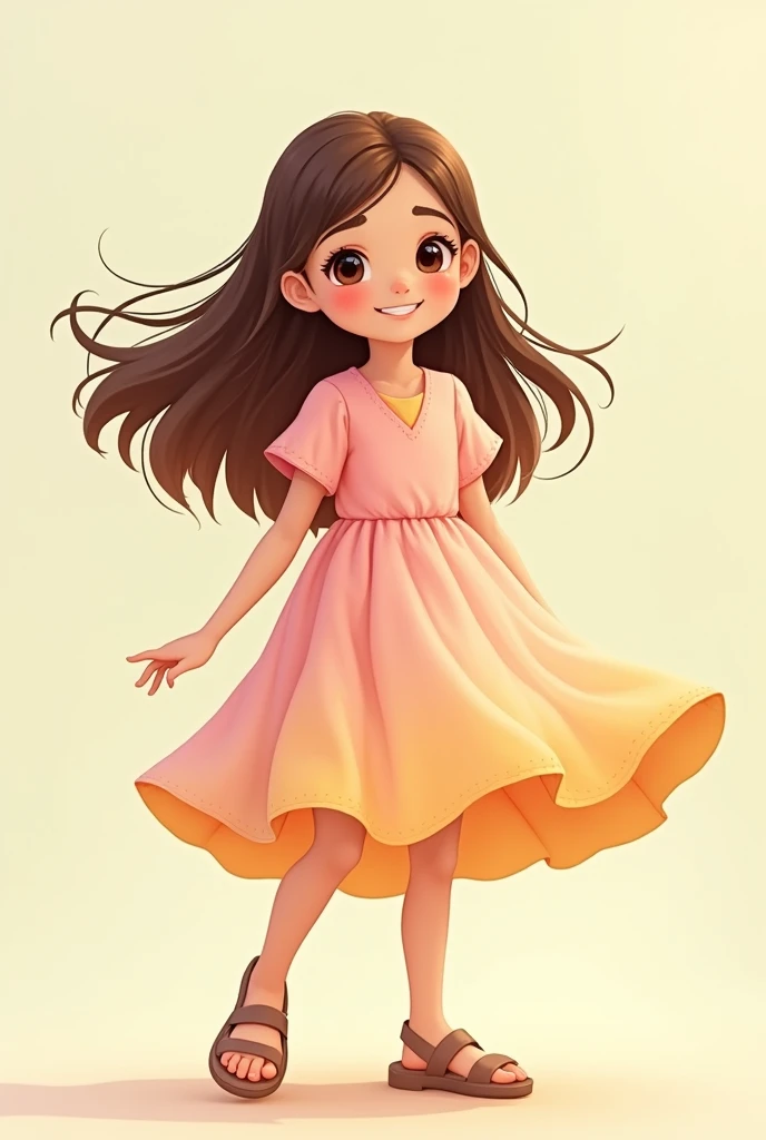 a girl age 10 long brown hair brown eyes in sandals and a cute pastel pink and yellow puffy dress