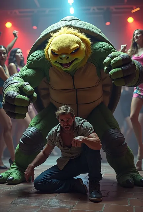 a blonde turtle beating up a guy in a nightclub 