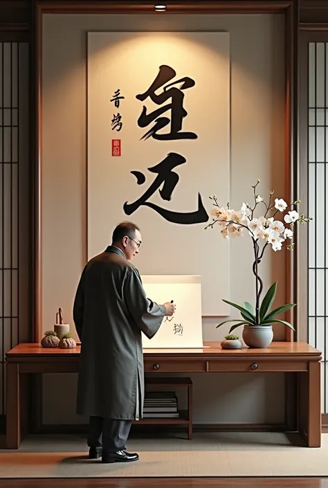 ((masterpiece))((The layout of the study room:There is a large nave written on the wall"Zen"Character. There is a pot of orchids on the coffee table))((detailed photos))A middle-aged man wearing a loose Tang suit.Standing in front of a large desk in an ele...