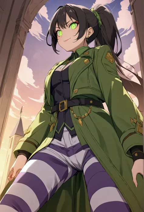 score_9,score_8_up,score_7_up,score_6_up,
venmssxl,green eyes,piercing,black hair,ponytail,dark makeup,evil smile,
green coat,long sleeves,purple tubes,glowing eyes,bracers,belt,striped pants,fighting stance,
purple smoke,from below,
