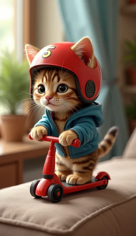 "Speedy, a small brown striped kitten, now wearing a tiny red helmet, rides a scooter on the edge of the sofa. His tail curls in excitement as he prepares for the race of his life. The furniture in the room becomes his imaginary racetrack. A blue racing ja...