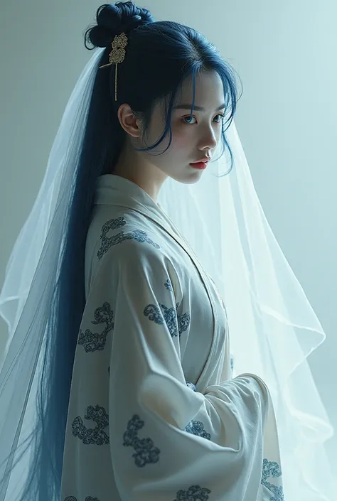 She wears a long clothing that looks like the mix between the traditional Japanese Kimono and the Chinese Hanfu with black and white cloud patterns on it. She has a white veil covering her head until her eyes, covering most of her face except her nose and ...