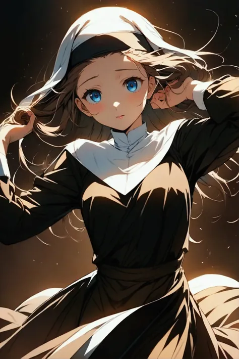 A young anime nun taking off her hair without covering her hair 