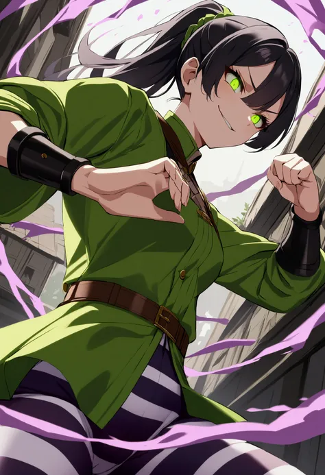 score_9,score_8_up,score_7_up,score_6_up,
venmssxl,green eyes,piercing,black hair,ponytail,dark makeup,evil smile,
green coat,long sleeves,purple tubes,glowing eyes,bracers,belt,striped pants,fighting stance,
purple smoke,from below,
