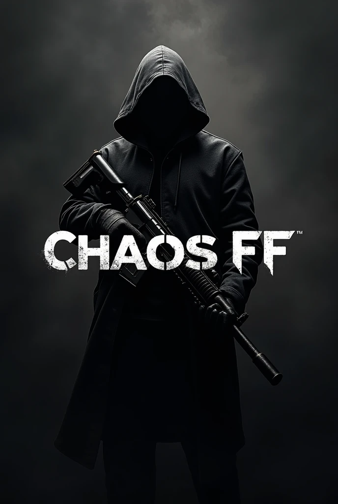 Create me a logo of a character that has a freefire video game theme with black clothes with a gun in his hand that says chaos FF