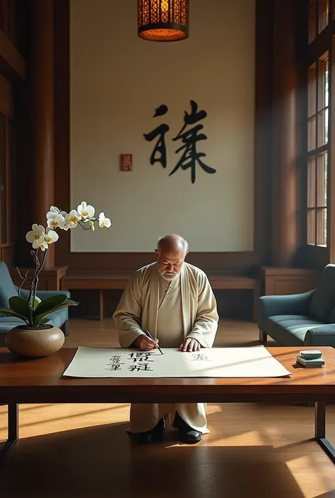 ((masterpiece))((The layout of the study room:There is writing on the wall"Zen"Large-scale central hall works. There is a pot of orchids on the coffee table))((detailed photos))A middle-aged man wearing a loose Tang suit.Standing in front of a large desk i...