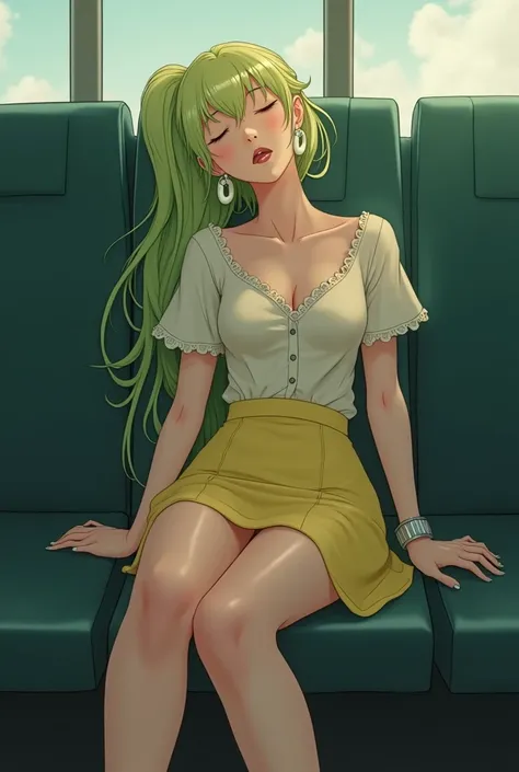 20th generation women,,Clear images、Real women　、Yellow Green Hair, Side Tail 彼女 is fast asleep with his eyes closed and his mouth open., Slender figure ,Breasts are a little bigger than normal , Full body shot from head to toe, Shiny yellow-green high heel...