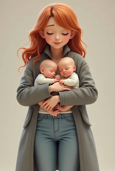 Young adult woman in a grey coat, light blue jeans, light copper hair, chubby, white-skinned and tall, holding hands from behind with babies